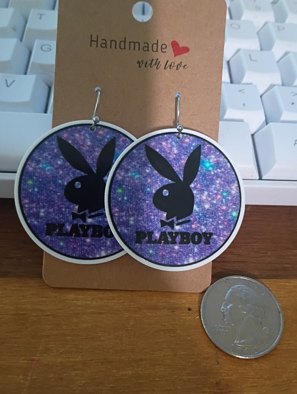 Y2K Playboy Bunny Purple Glitter Bunny Round Dangle Earrings